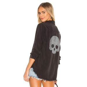 Lauren Moshi Sloane Nailhead Skull Top Size L Black Grey Button Up Denim Shirt